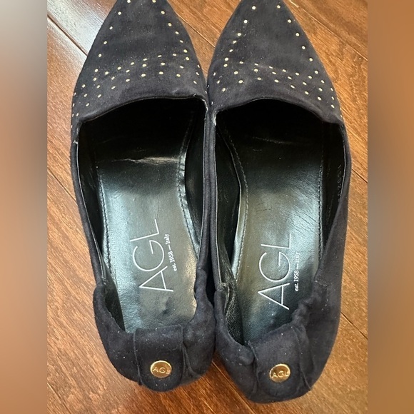 Agl Attilio Giusti Leombruni gold Studded Moc Loafers Flats Pointy Toe black 6.5 - Picture 2 of 10